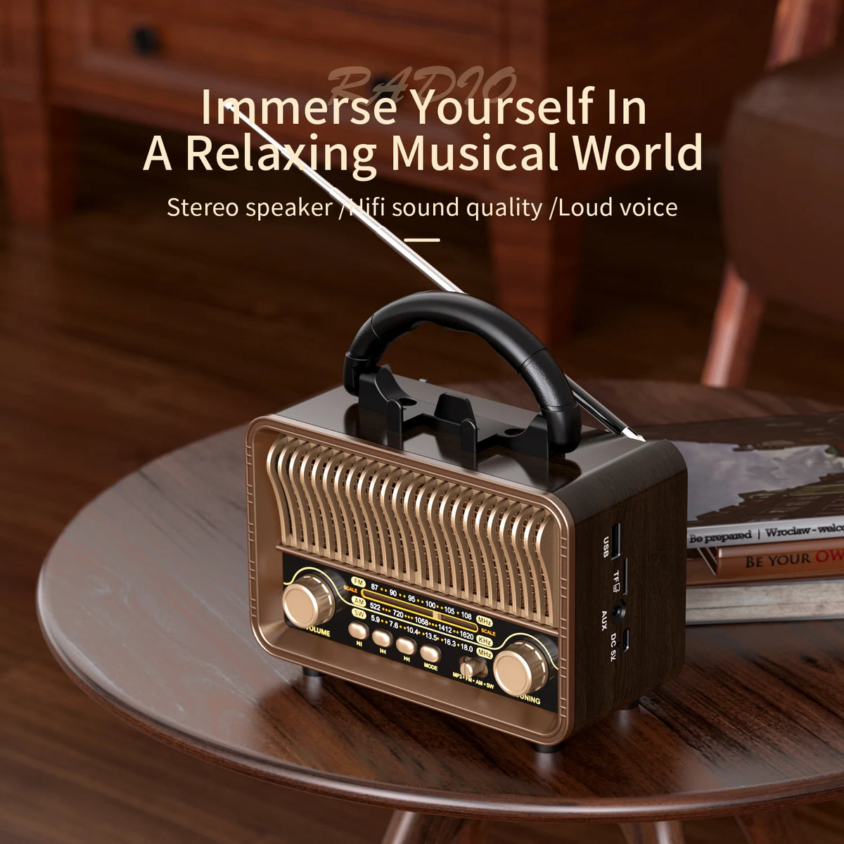 Portable Retro Wireless Radio AM/FM/SW — USB Rechargeable Battery With antenna, AUX and TF card playback, suitable for home