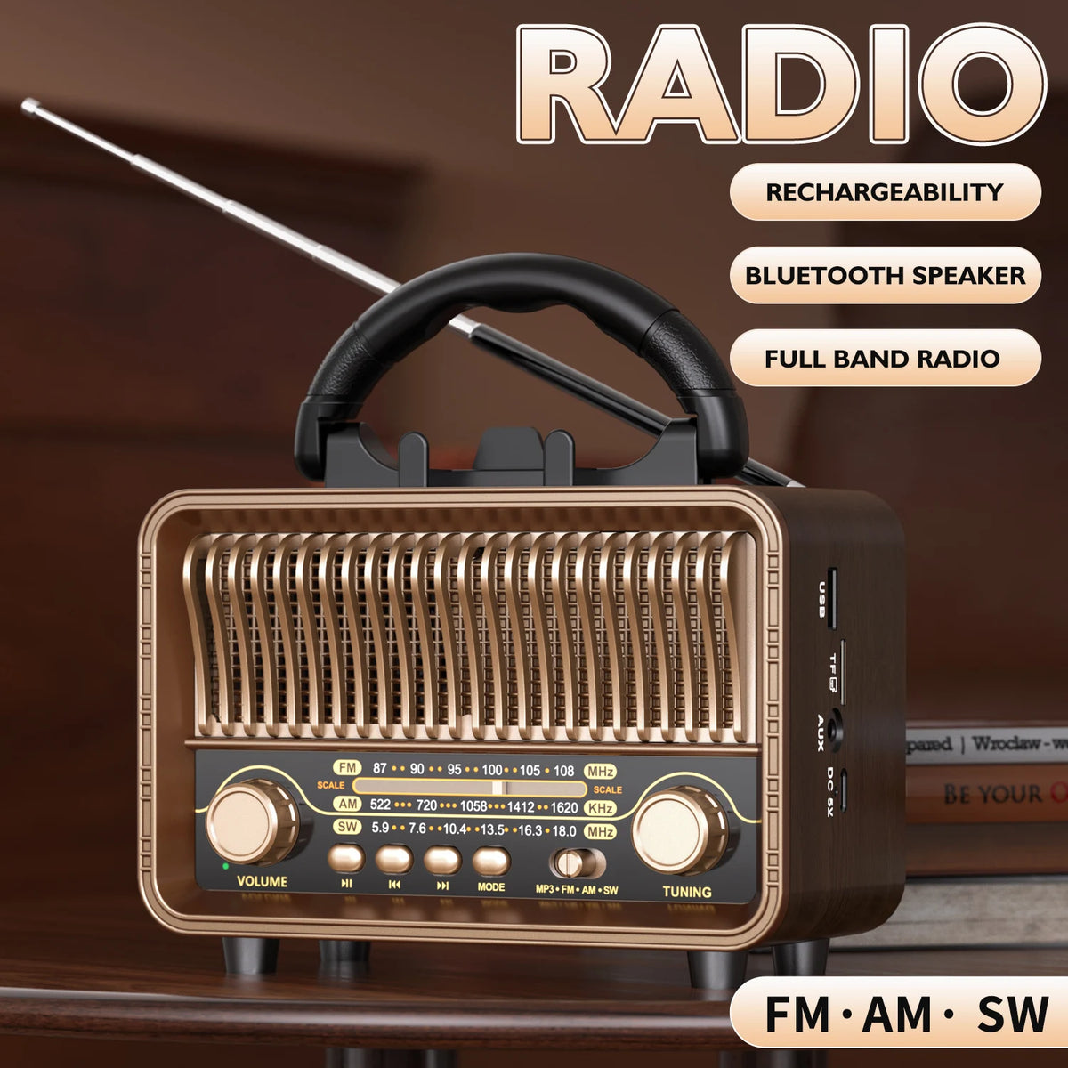 Portable Retro Wireless Radio AM/FM/SW — USB Rechargeable Battery With antenna, AUX and TF card playback, suitable for home