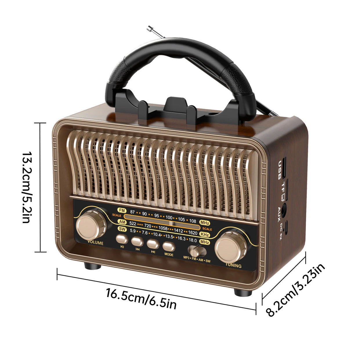 Portable Retro Wireless Radio AM/FM/SW — USB Rechargeable Battery With antenna, AUX and TF card playback, suitable for home