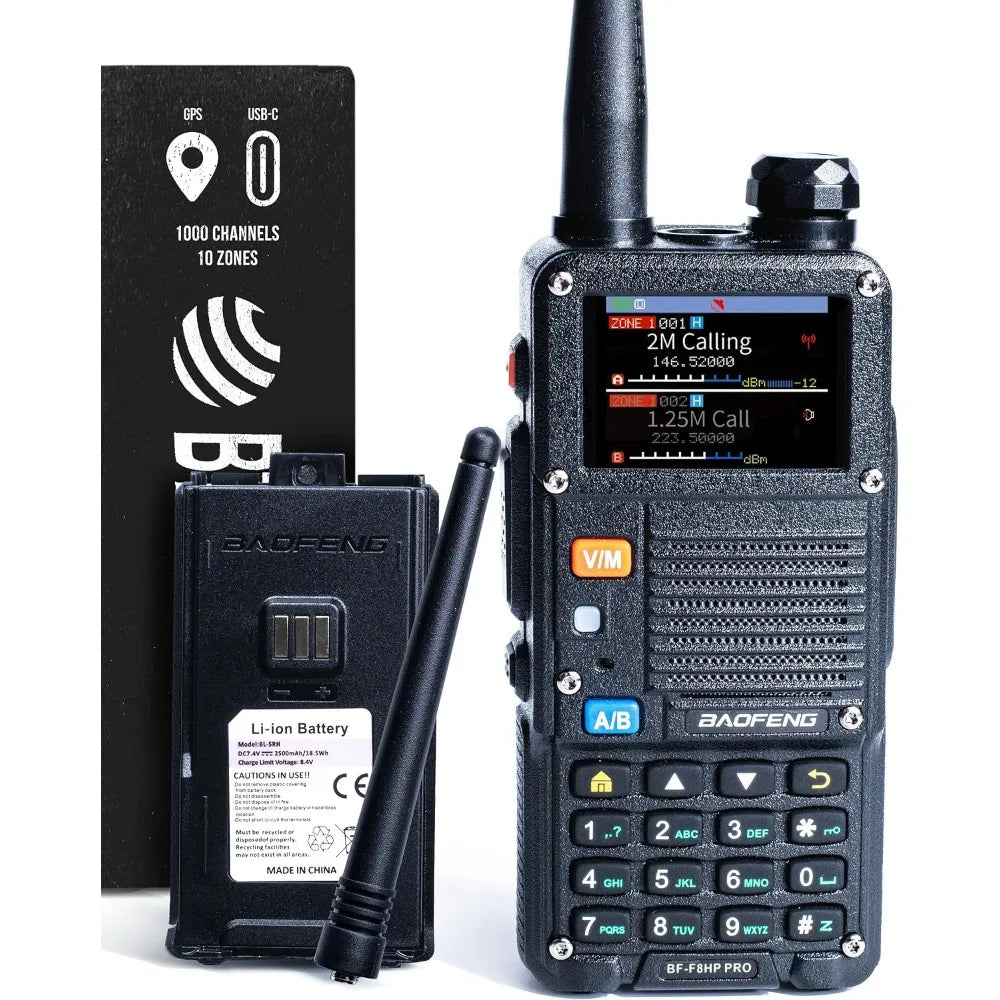 Tri-Band Two-Way Radio 7th Gen, 1000 Channels, GPS, Weather, VHF/UHF/1.25 m Scanner, Rugged, USB-C Chargeable Battery
